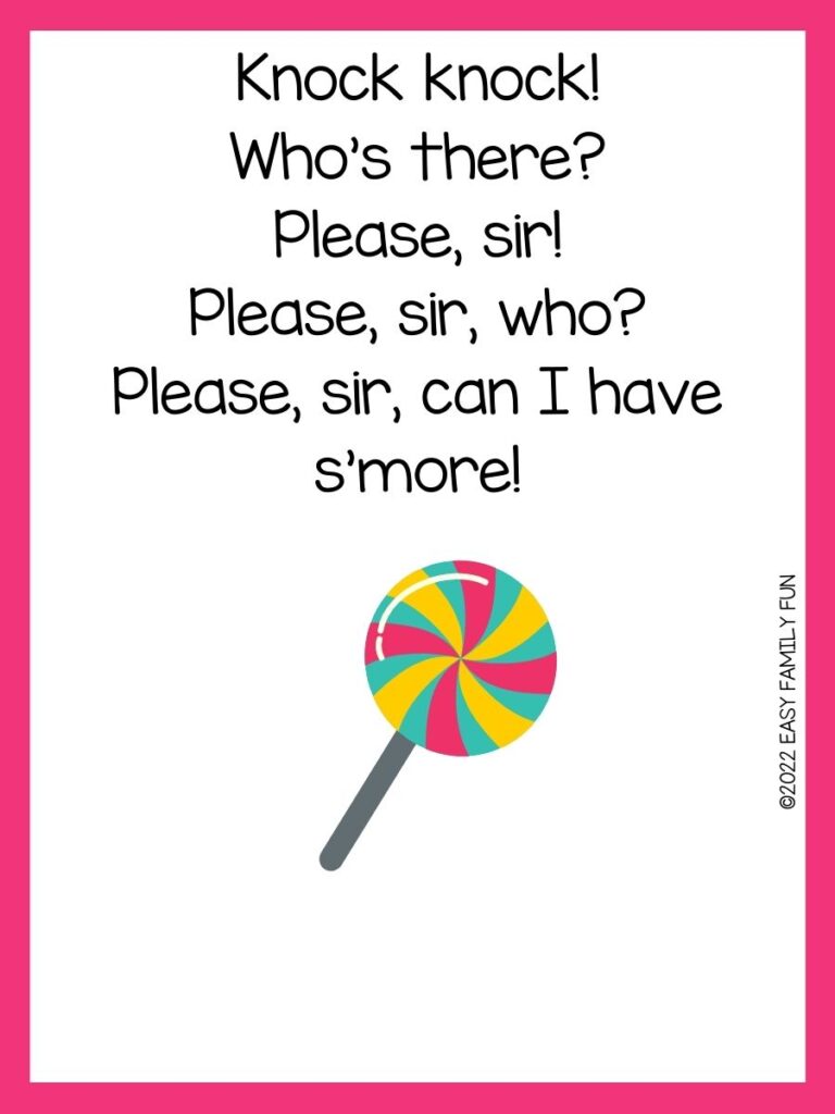 colorful lollipop on white background with candy joke and pink border 