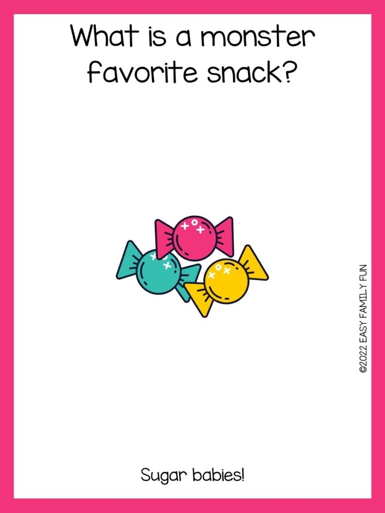 teal, pink and yellow candies on white background with candy joke and pink border 
