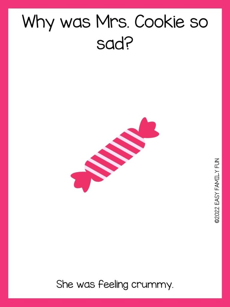 pink candy on white background with candy joke and pink border 