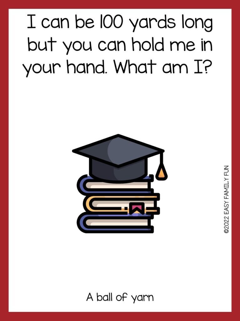 a graduation cap on top of books with college riddle on white background with dark red border