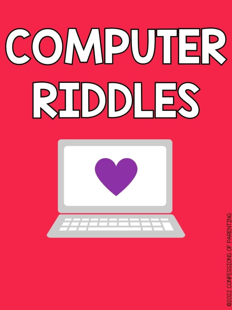 bright pink background with laptop and a purple heart on the screen with "computer riddles" written in white 