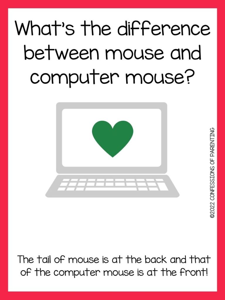 white background wth a laptop with a green  heart on screen with computer riddle and pink border
