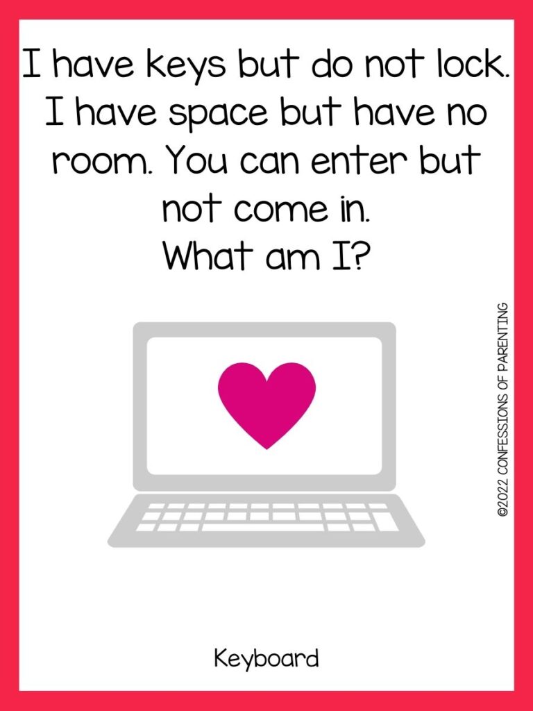 white background wth a laptop with a pink heart on screen with computer riddle and pink border 