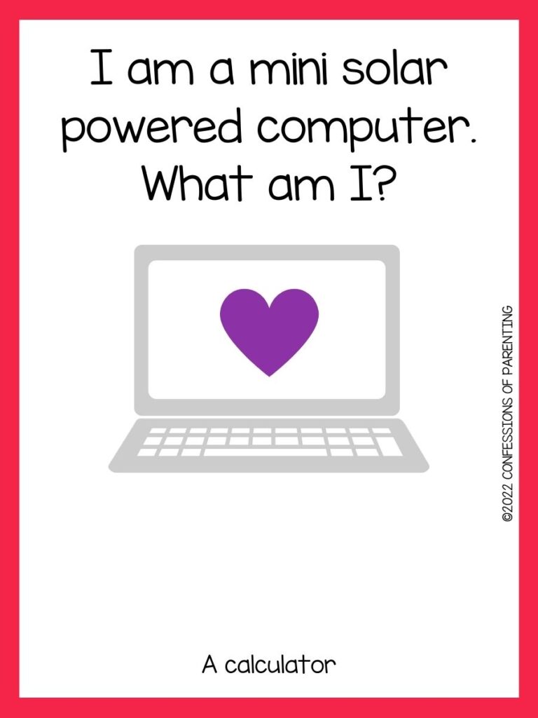 white background wth a laptop with a purple heart on screen with computer riddle and pink border