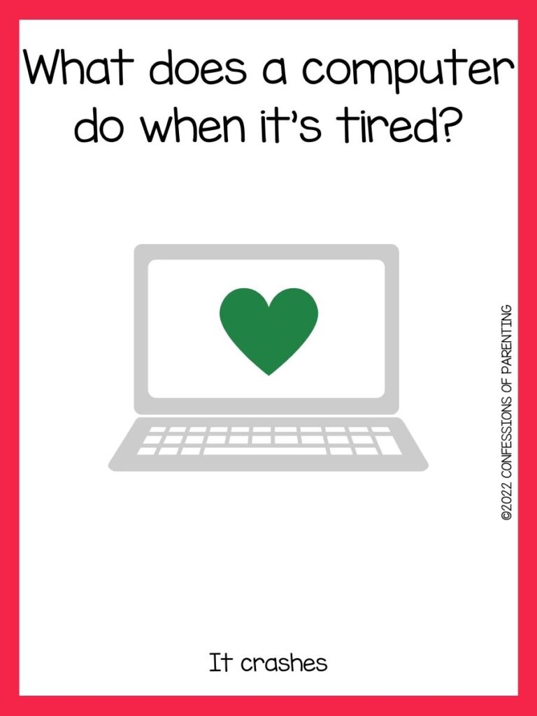 white background wth a laptop with a green heart on screen with computer riddle and pink border