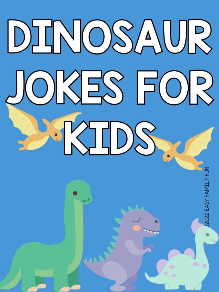 5 dinosaurs on blue background with white text that says "dinosaur jokes for kids"