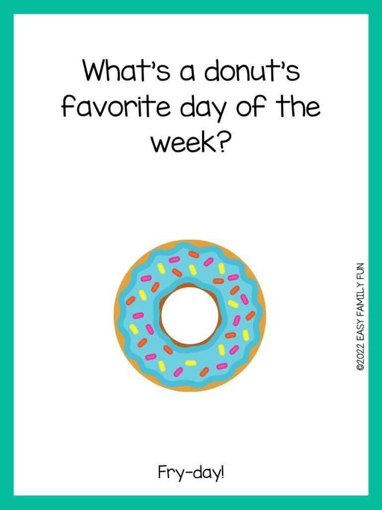 Blue icing and sprinkled donut with teal border and donut joke
