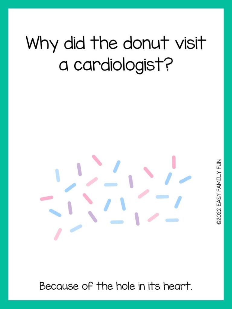 Blue, pink, and purple sprinkles with teal border and donut joke