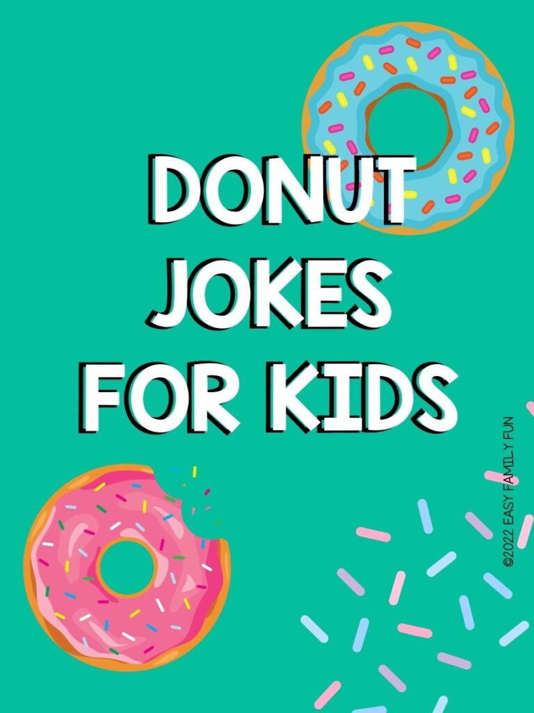 2 donuts with sprinkles with green background with white text that says donut jokes for kids