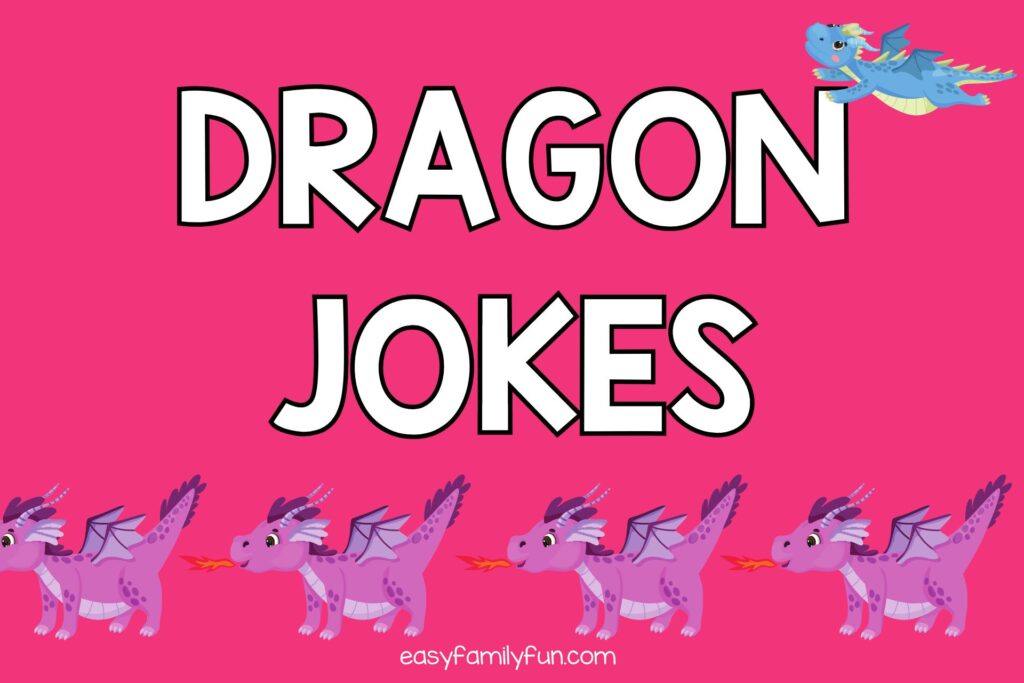 4 purple dragons and 1 blue one on pink background with white text that says "dragon jokes"