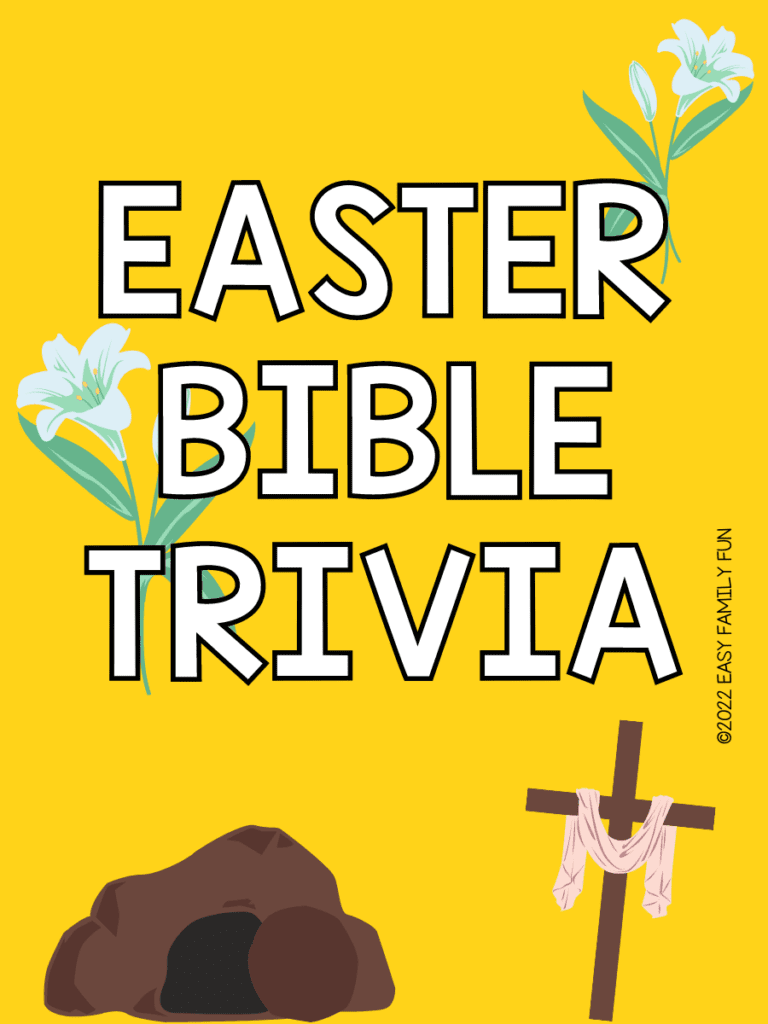 yellow background with white letters saya Easter Bible Trivia. 2 green lilies, brown tomb, brown cross with pink scarf draped.