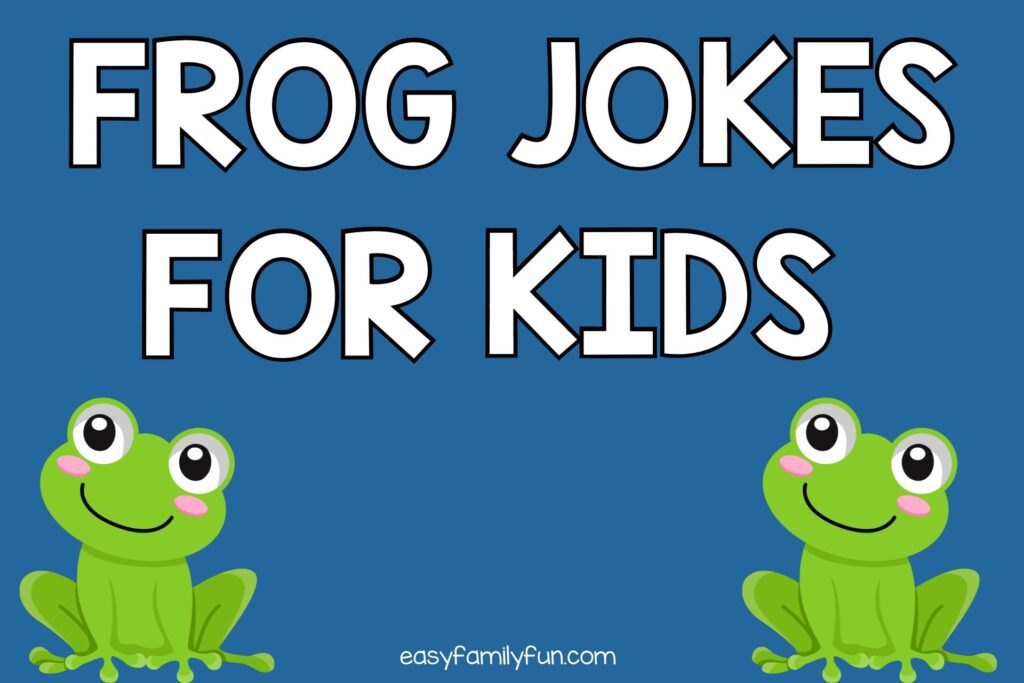 2 green frogs on blue background saying "Frog Jokes for Kids"