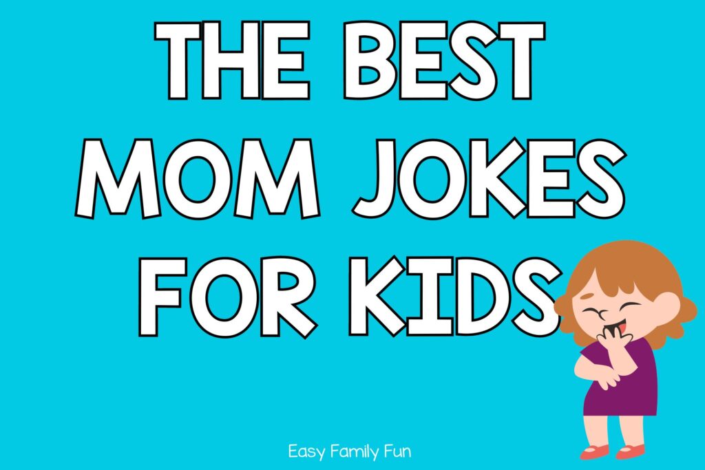 mom laughing in purple dress with blue background with white text that says "the best mom jokes for kids"