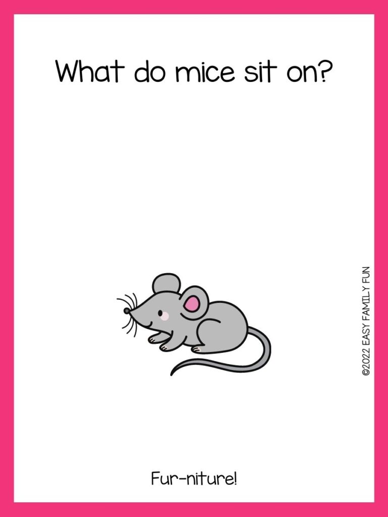 Gray mouse smiling with a pink border and a mouse joke