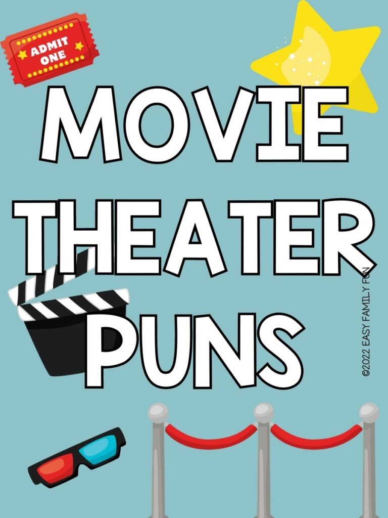 blue background with movie ticket, star, 3 d glasses, and red carpet rope with white text that says "movie theater puns"