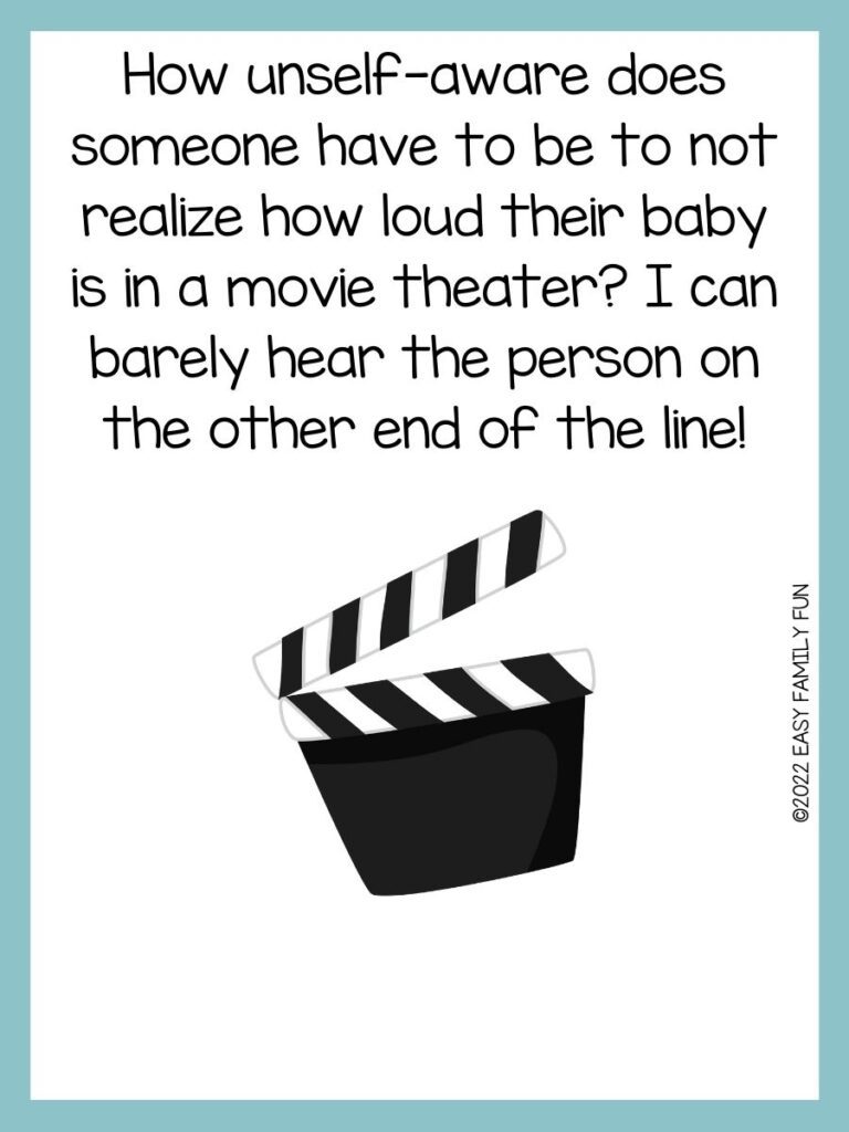 movie scene cut on a white background with movie theater pun and teal border 