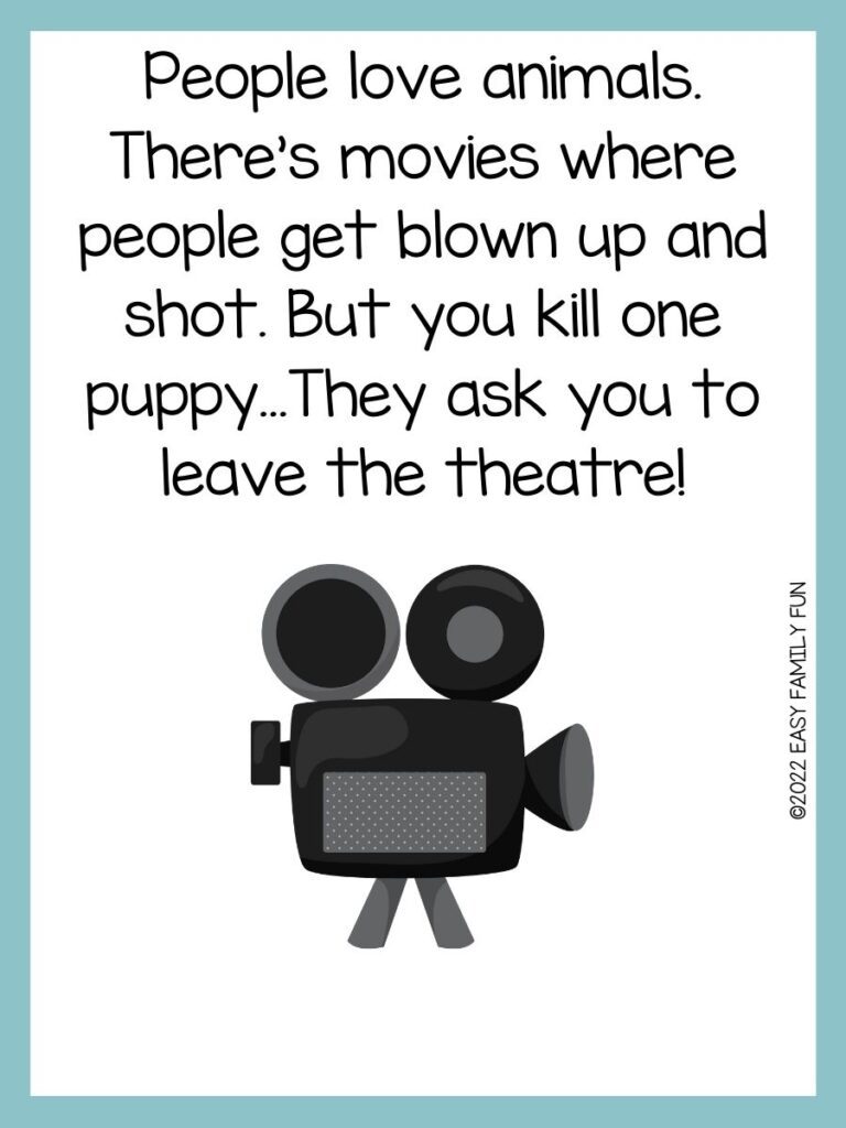 old movie film camera on a white background with movie theater pun and teal border 