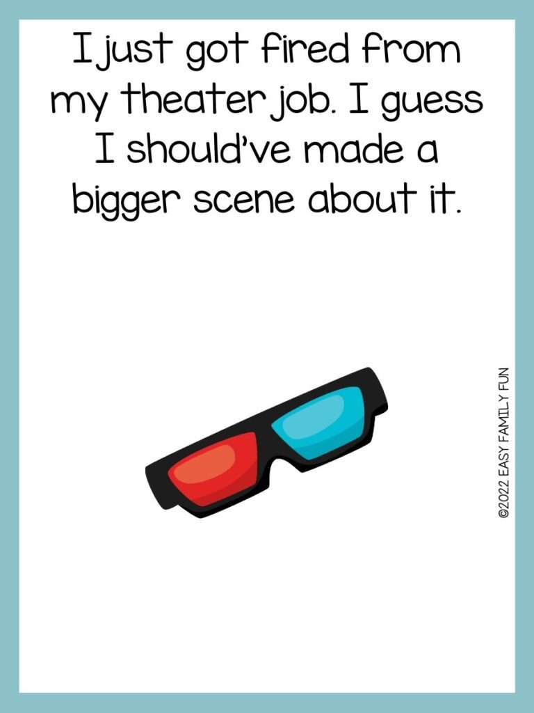 3D glasses on a white background with movie theater pun and teal border 
