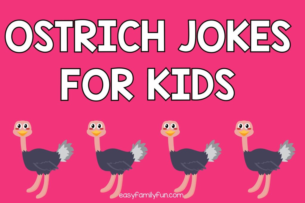 4 ostriches on pink background with white text that says "ostrich jokes for kids"