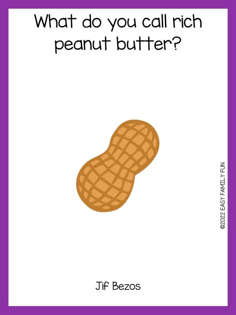 white background with peanut in the middle and a peanut joke with purple border