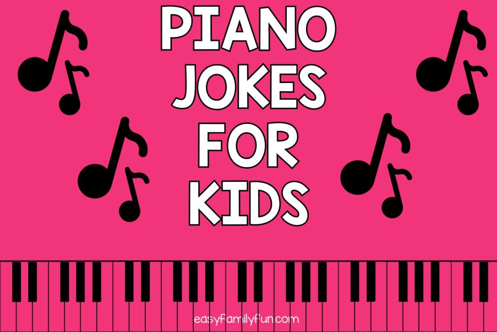 piano keys with black piano notes with white text that says "piano jokes for kids"