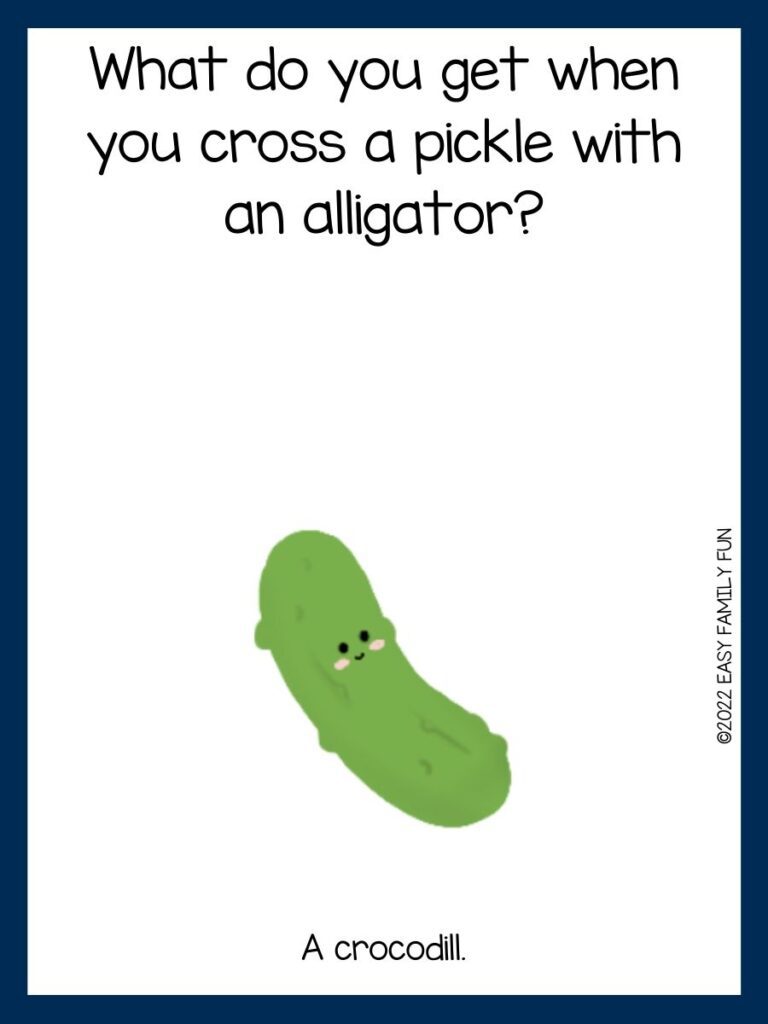 green pickle with pickle joke on white background and navy blue border
