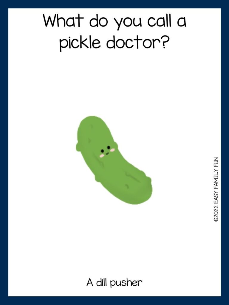green pickle with pickle joke on white background and navy blue border