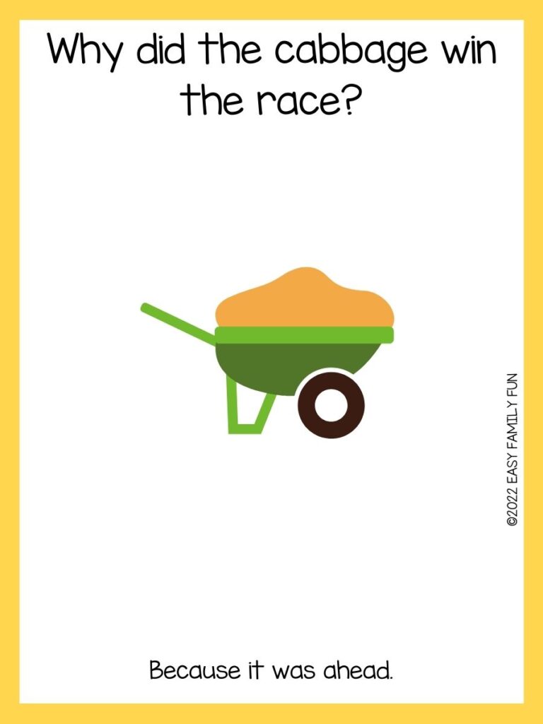 Wheelbarrow card with a yellow border and a plant riddle.