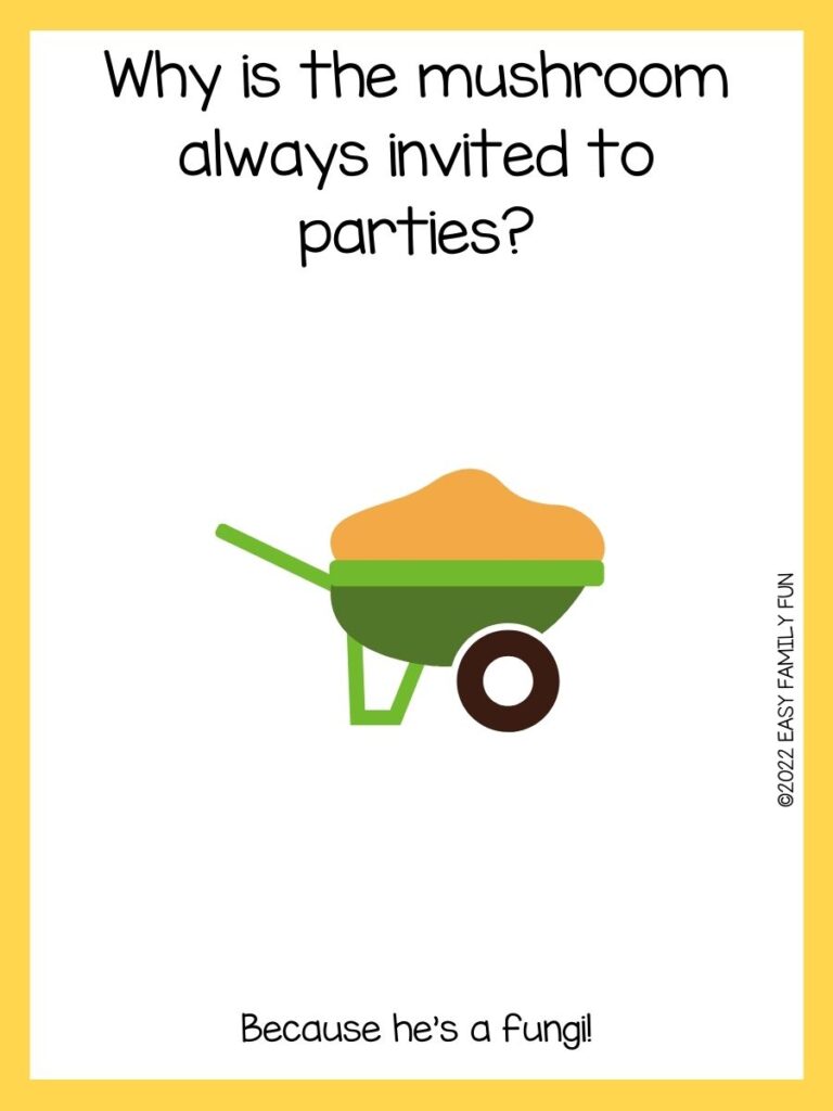 Wheelbarrow card with a yellow border and a plant riddle.