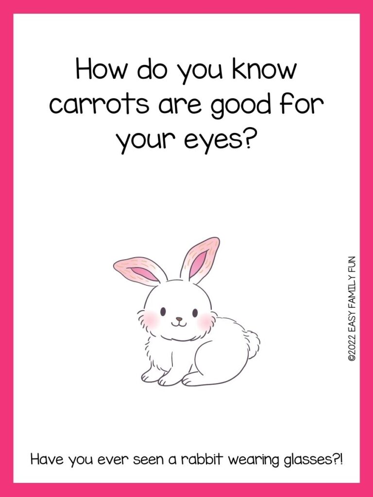 A smiling rabbit with a pink border and rabbit riddle