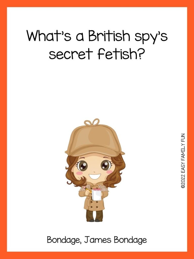 Girl holing a notepad and pencil with an orange border and spy joke
