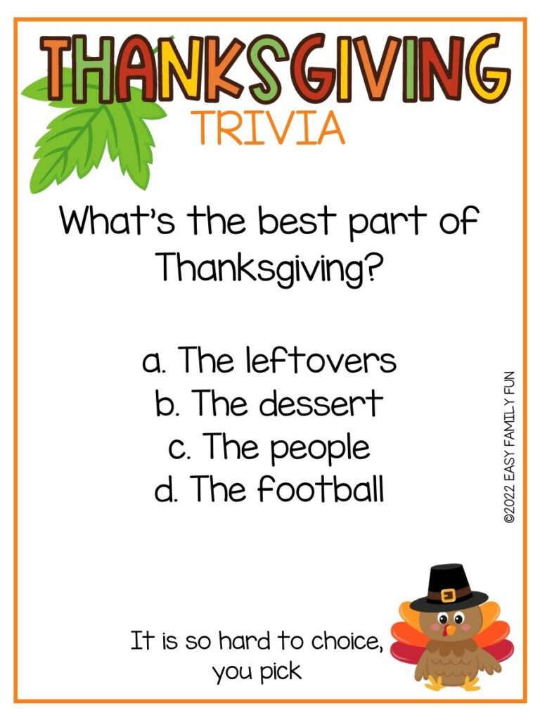 Thanksgiving Turkey with red, orange, and yellow feathers wearing a pilgrim hat with thanksgiving trivia question with an orange border. 