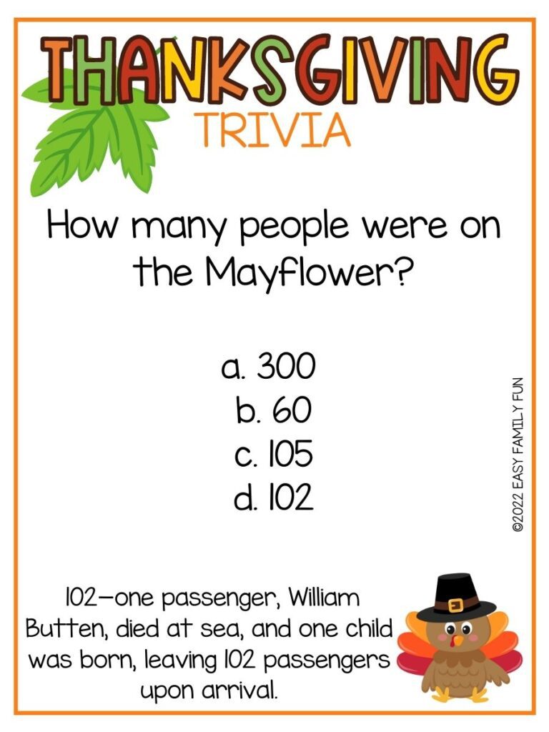 Thanksgiving Turkey with red, orange, and yellow feathers wearing a pilgrim hat with thanksgiving trivia question with an orange border. 