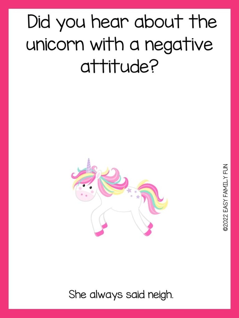 Unicorn with rainbow hair and unicorn joke with pink border 
