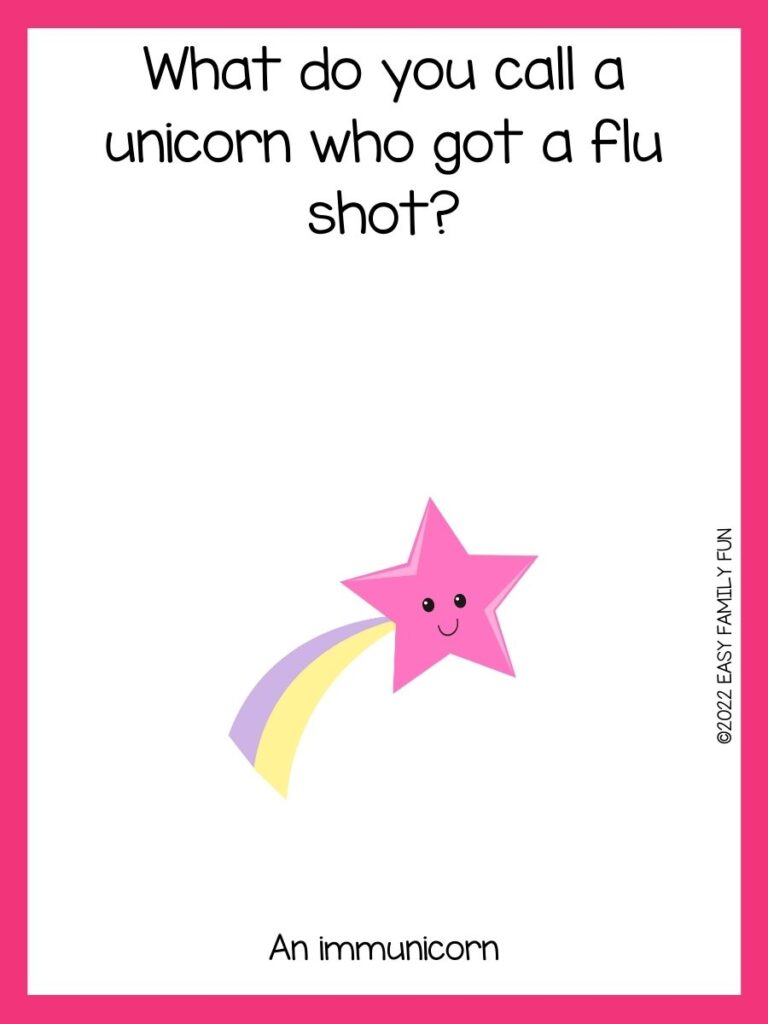 Pink shooting star and unicorn joke with a pink border 