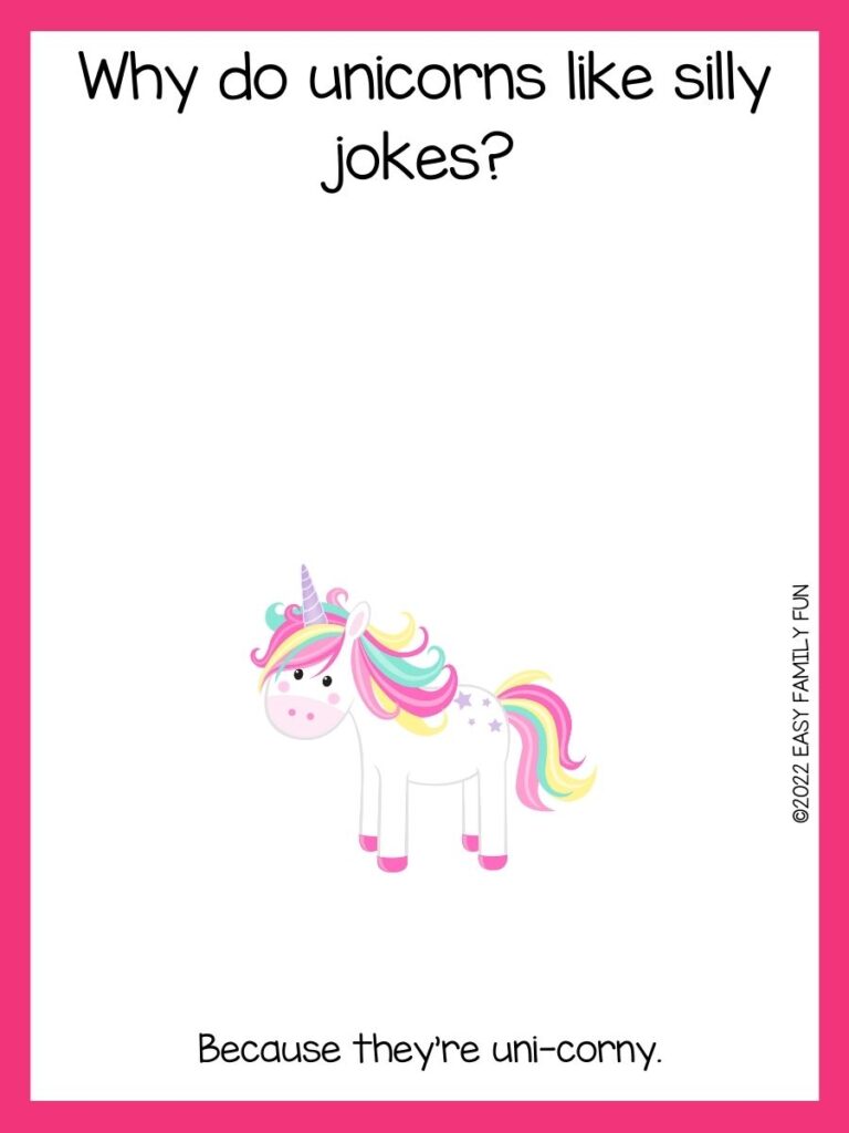 Unicorn with rainbow hair and unicorn joke with pink border