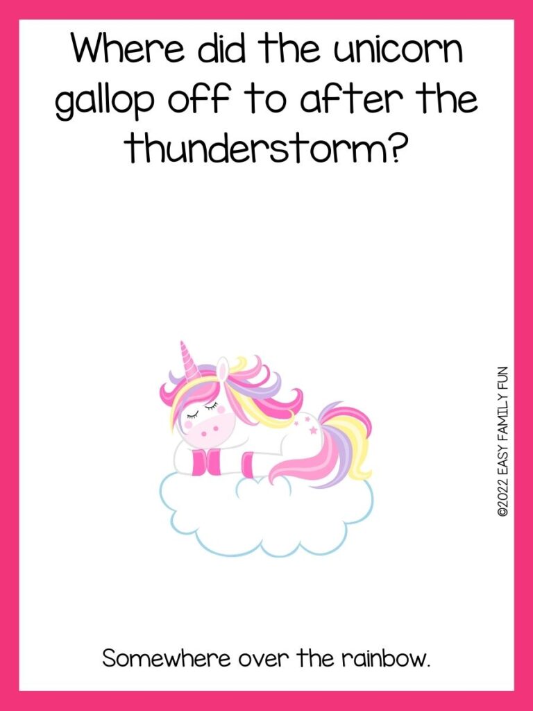 Unicorn with rainbow hair sleeping on a cloud and unicorn joke with pink border