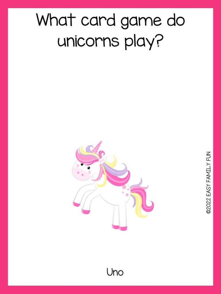 Unicorn with rainbow hair and unicorn joke with pink border