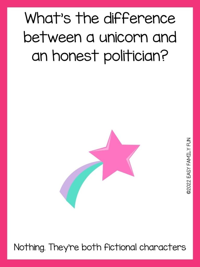 A pink shooting star with a unicorn joke and pink border 