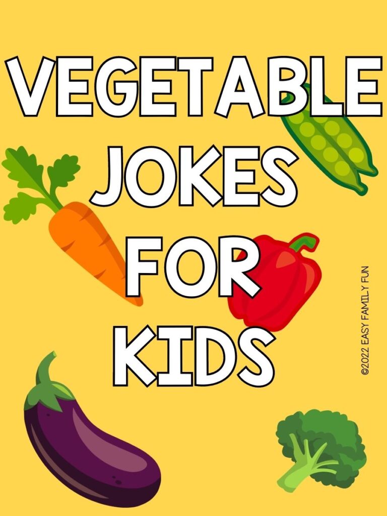 carrots, red pepper, broccoli, peas, eggplant on yellow background with white text that says "vegetable jokes for kids"