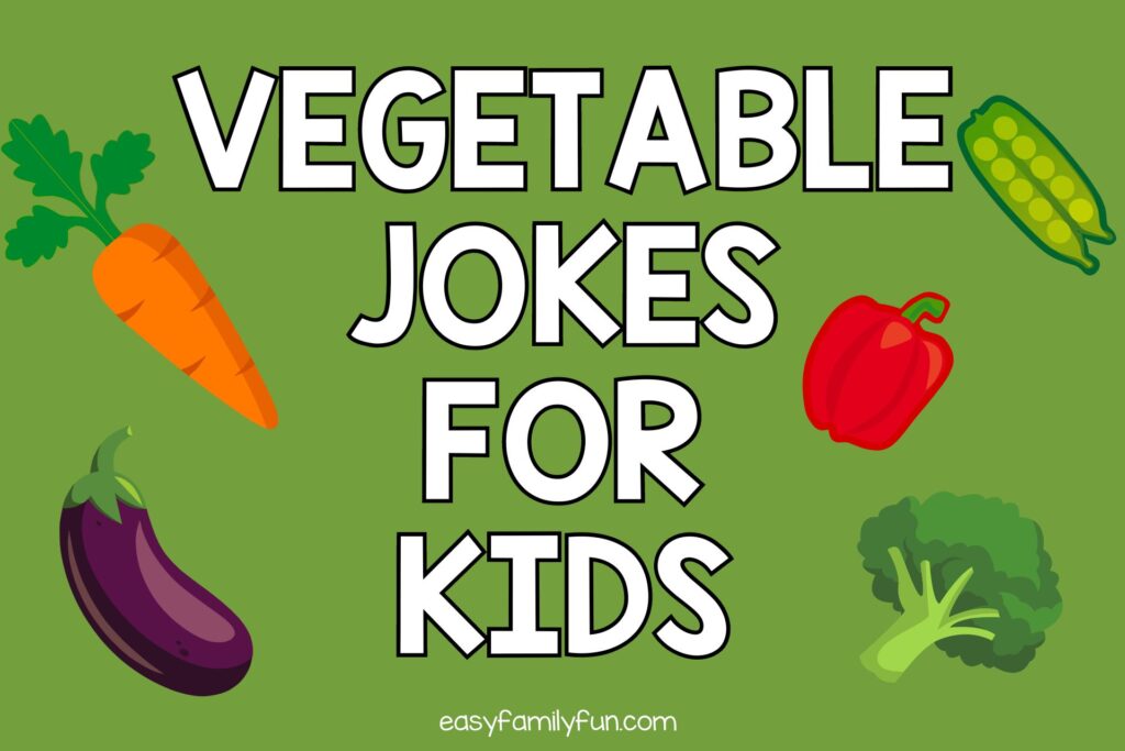 carrots, red pepper, broccoli, peas, eggplant on green background with white text that says "vegetable jokes for kids"