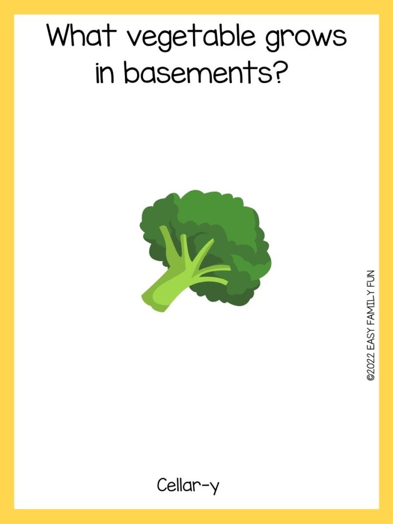 Green broccoli with a vegetable joke with a yellow border. 