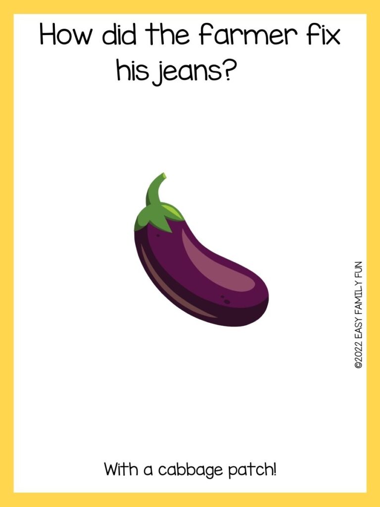 Purple eggplant with vegetable joke with a yellow border
