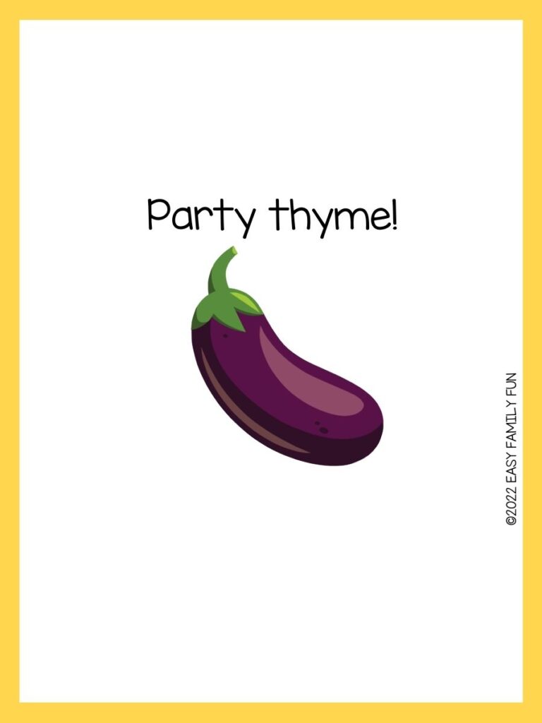 Purple eggplant with vegetable pun with a yellow border
