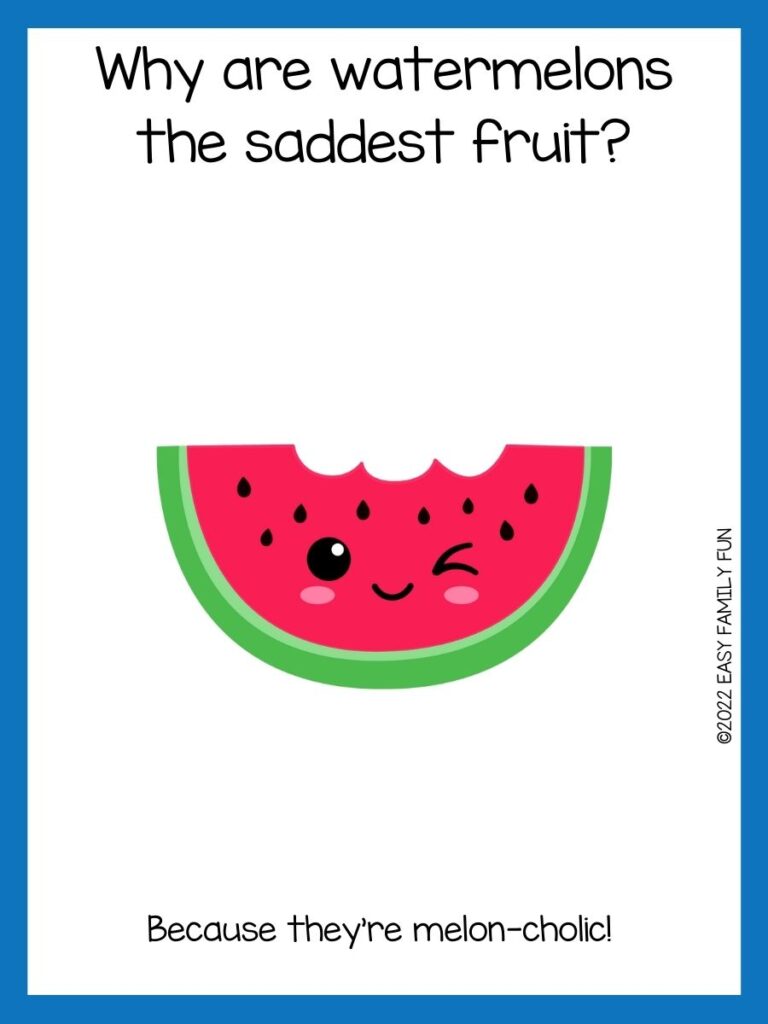watermelon slice with a winking eye with 3 bites missing and watermelon joke on white background with a blue border