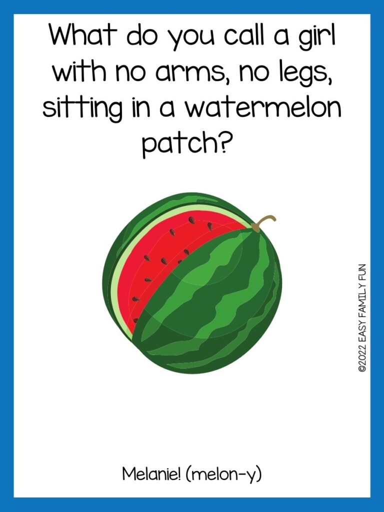 watermelon with a slice missing and watermelon joke on white background with a blue border