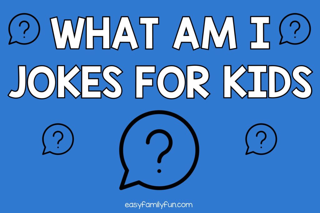 question marks in thought bubbles with white text that says "what am I jokes for kids"