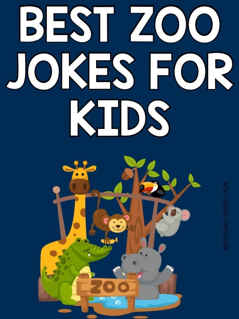 giraffes, monkeys, koalas, toucans, hippo, at the zoo on blue background with white text that says "best zoo jokes for kids"