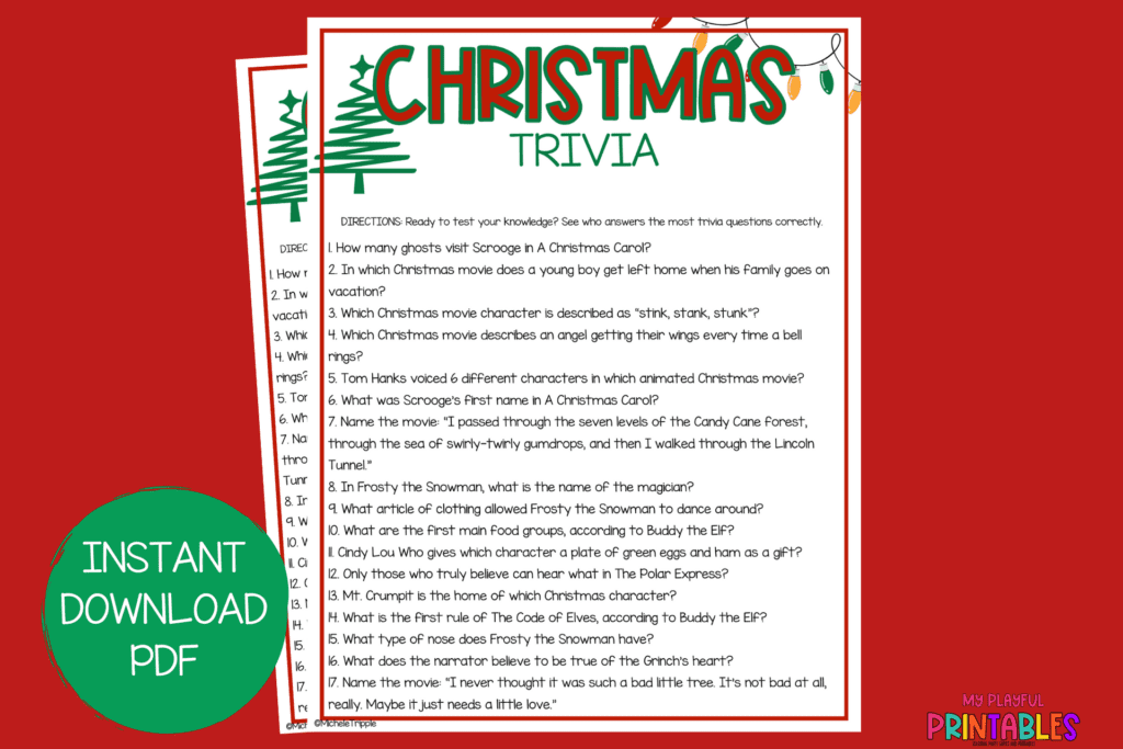Red background with Christmas Trivia images, and a green circle. 