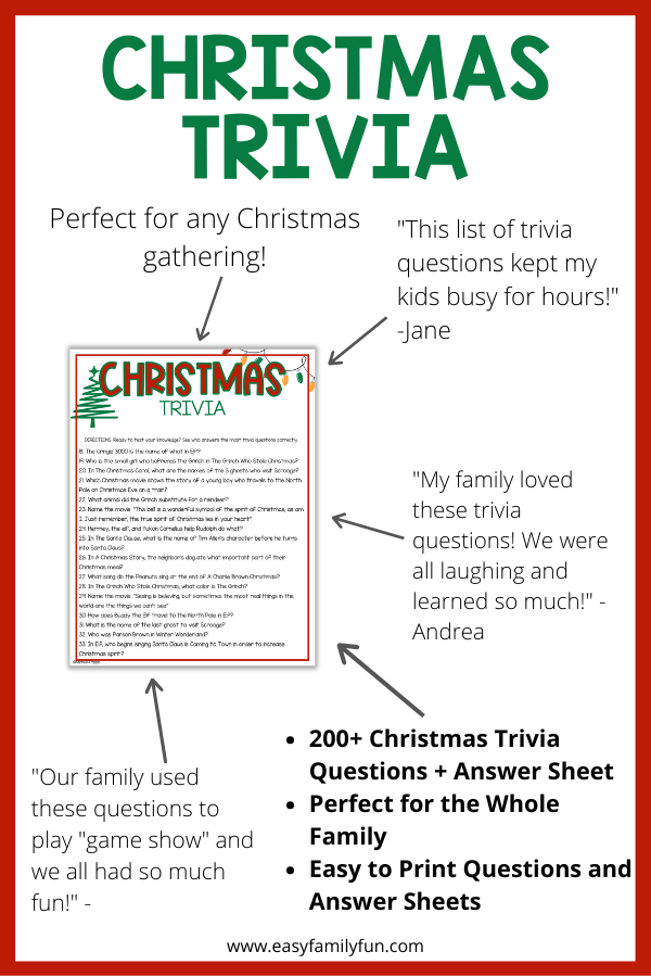 White background with red border surrounding an image of Christmas Trivia Questions, surrounded by reviews of trivia games. 